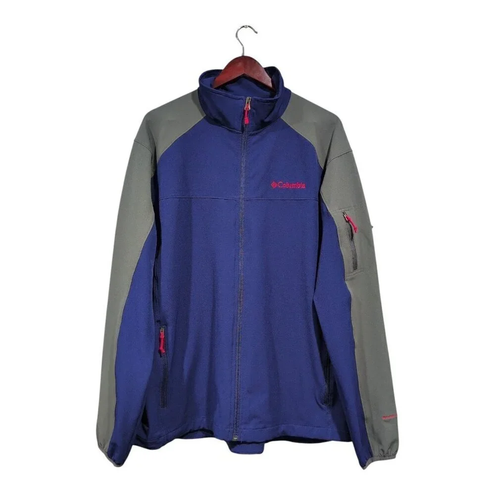 Columbia Mens Jacket Softshell Omni Shield Full Zip Gray Blue Red Outdoor Sz L
